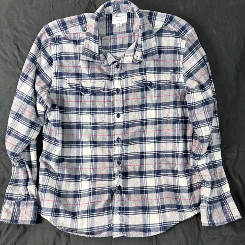 American Eagle Men's Blue and White Plaid Shirt